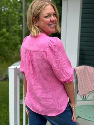 Dotty Pink Cotton Gauze Blouse