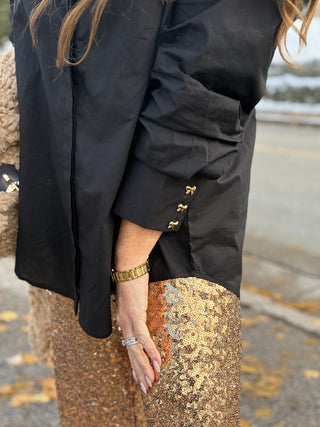 Brunette the Label Black Poplin Bow Button Up