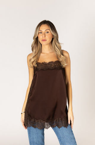 Lyla + Luxe Lace Cami Top in Chocolate