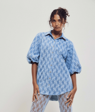 Hilary MacMillan Denim Lace Puff Sleeve Blouse