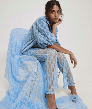 Hilary MacMillan Denim Lace Puff Sleeve Blouse