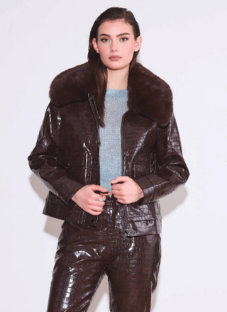 Hilary MacMillan Embossed Croc & Faux Fur Collar Coat