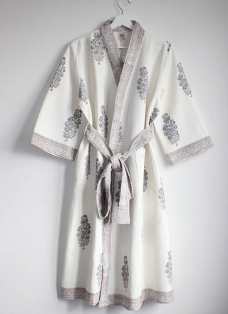 Aakriti Hand Printed Waffle Robe in Grey Block